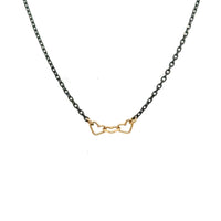 handmade necklace with 3 tiny 14K yellow gold wire hearts on oxidized sterling silver chain