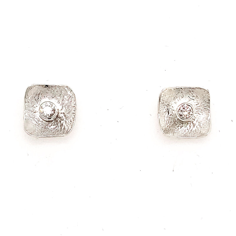 Small Silver Square Post Earrings with Diamonds - E1506