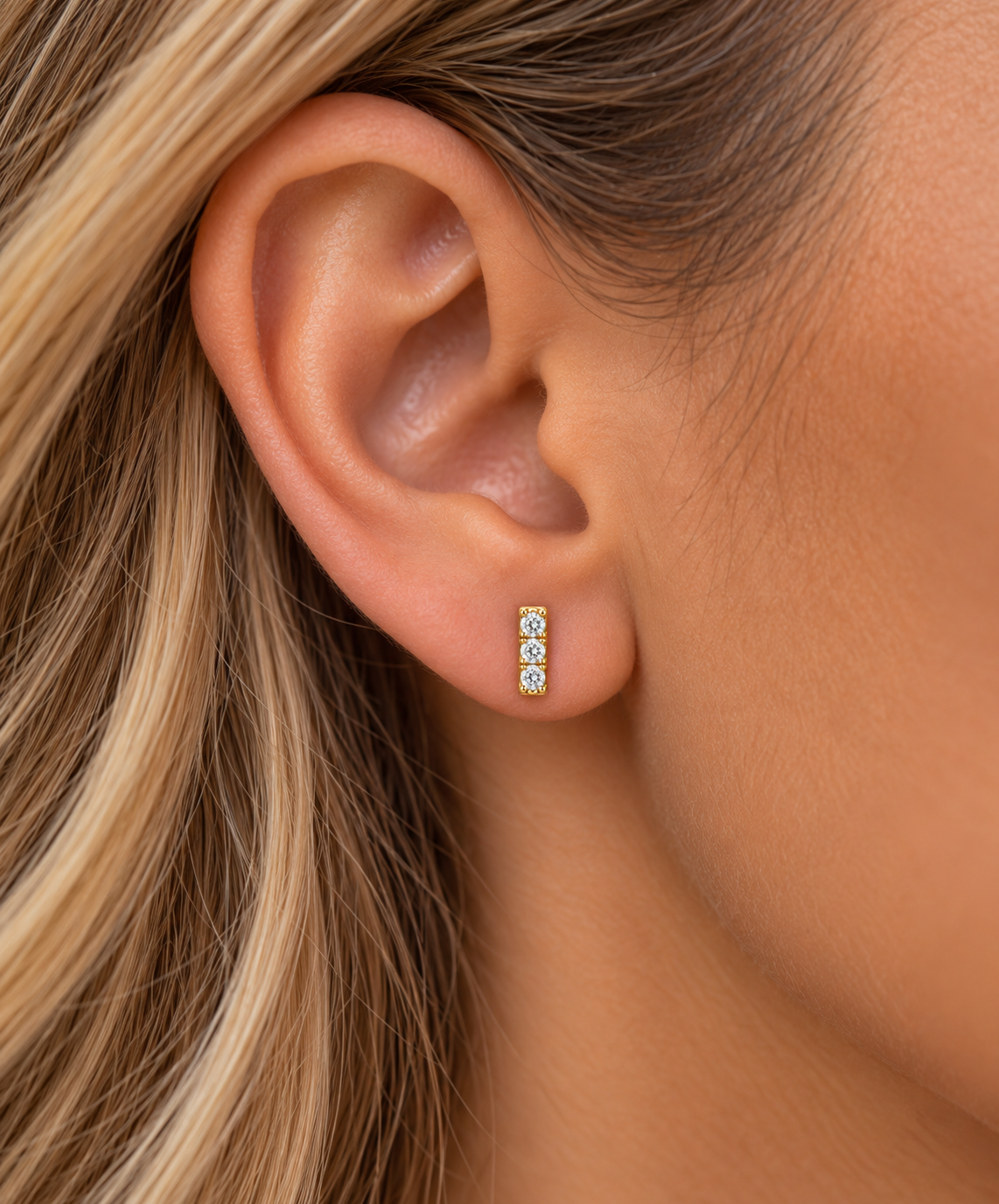3 Diamond 14K Gold Bar Stud Earrings