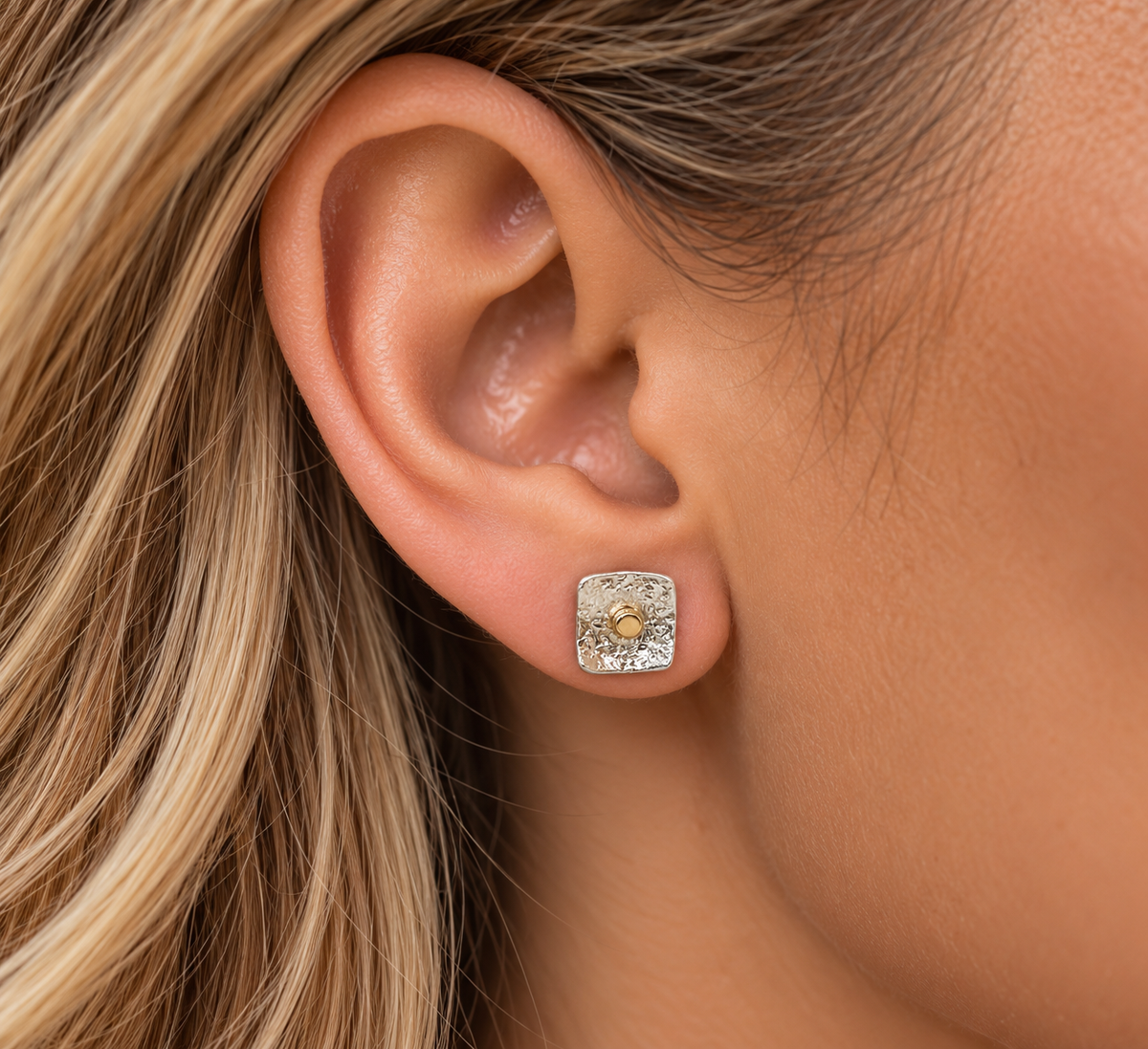 Small Square Reticulated Silver & 14K Gold Stud Earrings