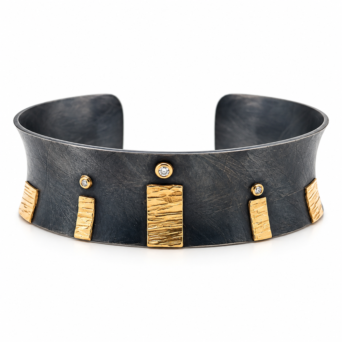 14K Gold, Oxidized Sterling & Diamond Cuff