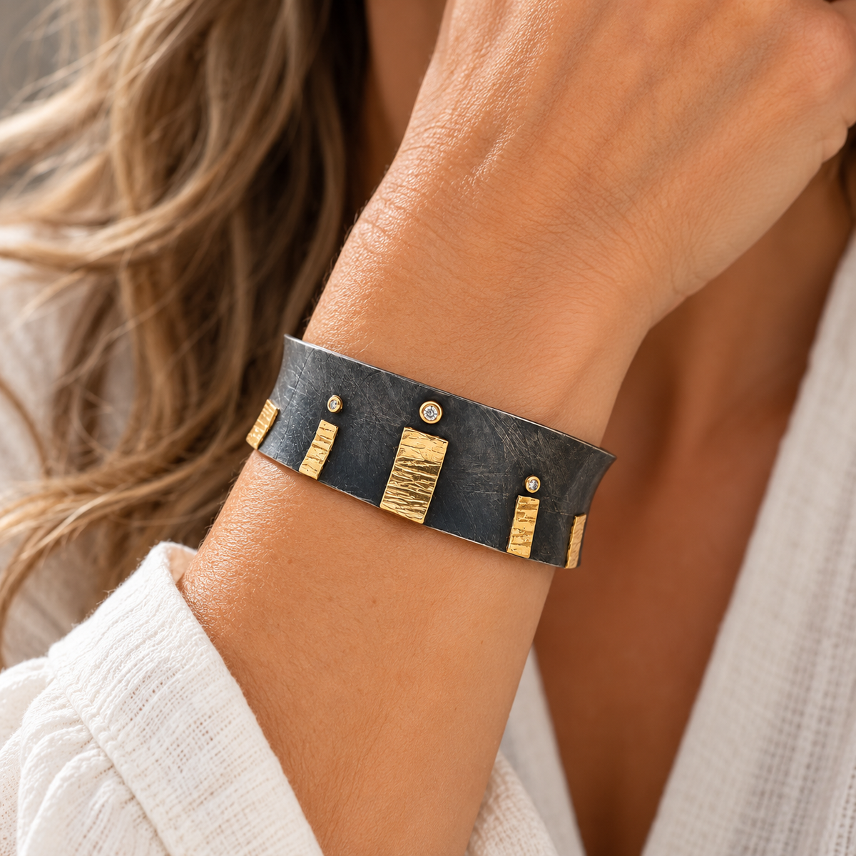 14K Gold, Oxidized Sterling & Diamond Cuff