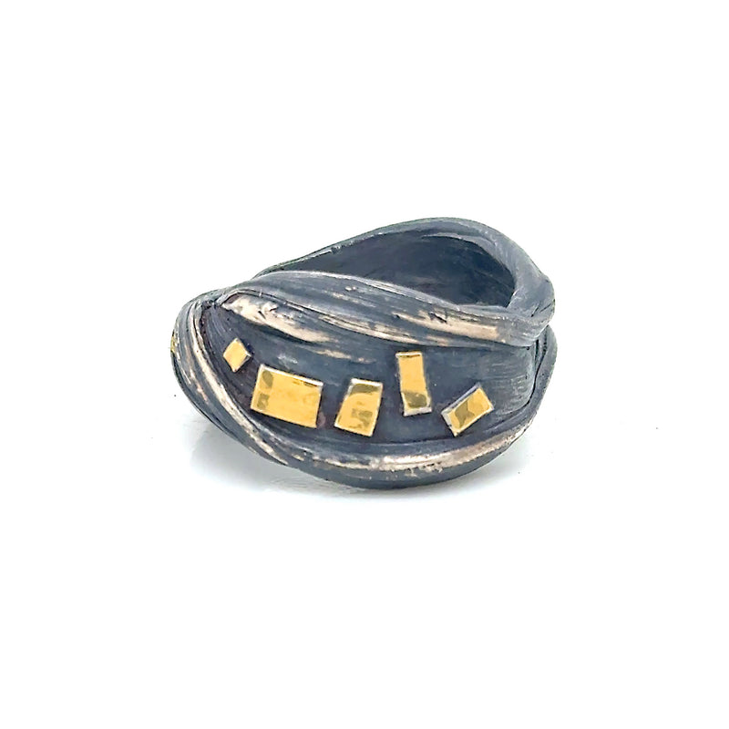 Gold Mosaic Concrete Ring in oxidized sterling silver and 22k gold by Dana Reed Designs