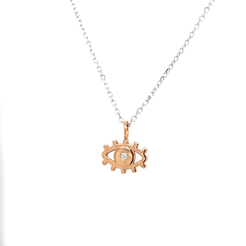 Small 14k Rose Gold Evil Eye on Sterling with Diamond Necklace