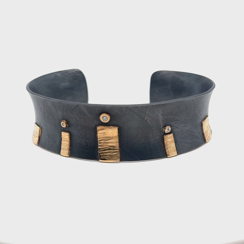 One of a Kind 14k, oxidized sterling and Diamond Cuff