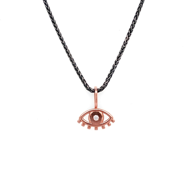 14K Rose Gold Evil Eye Necklace with Diamond on Black - RN2001KPO