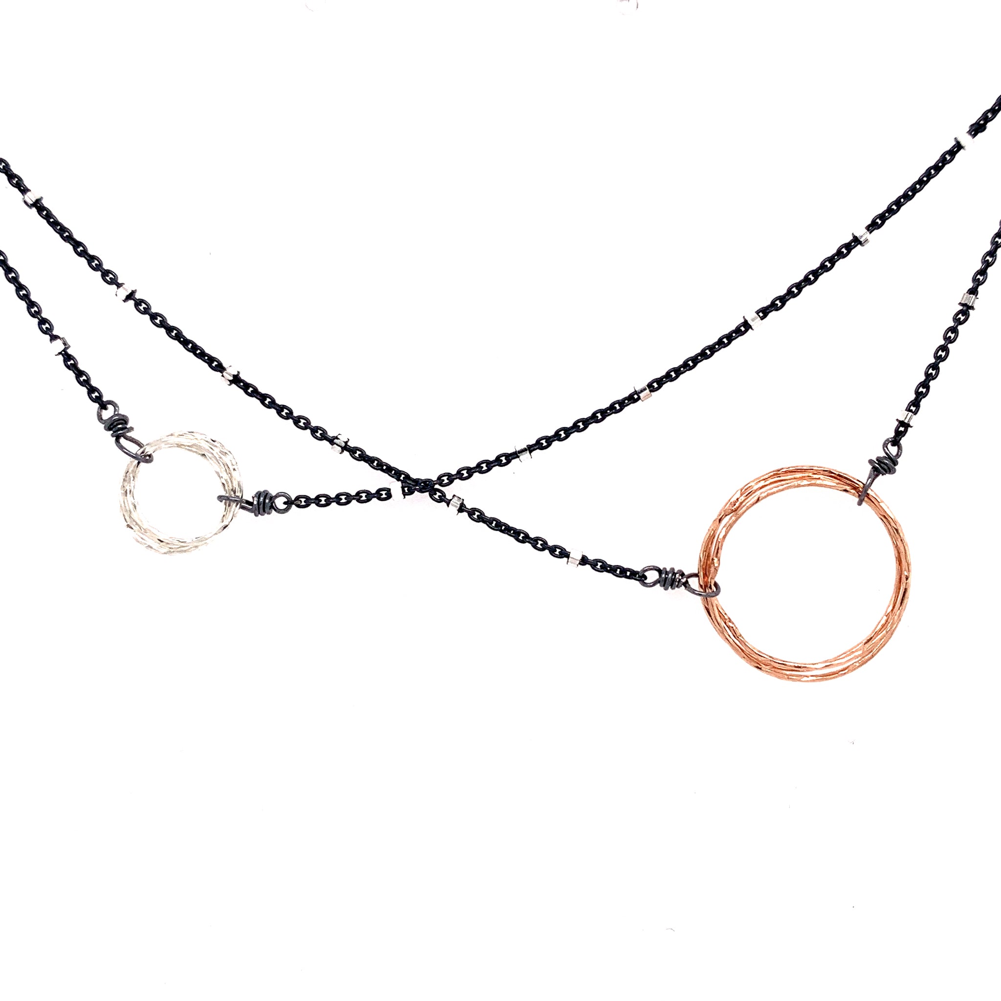 Offset Circle Necklace 14K Rose gold/oxidized Silver Chain